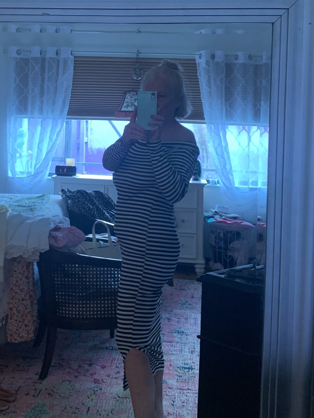 Off-the-Shoulder Black & White Striped Women’s Dress